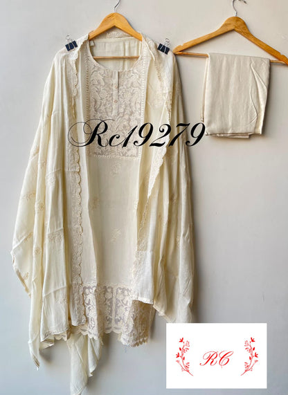 Mul chanderi applique work unstitched ladies suit Rc19279