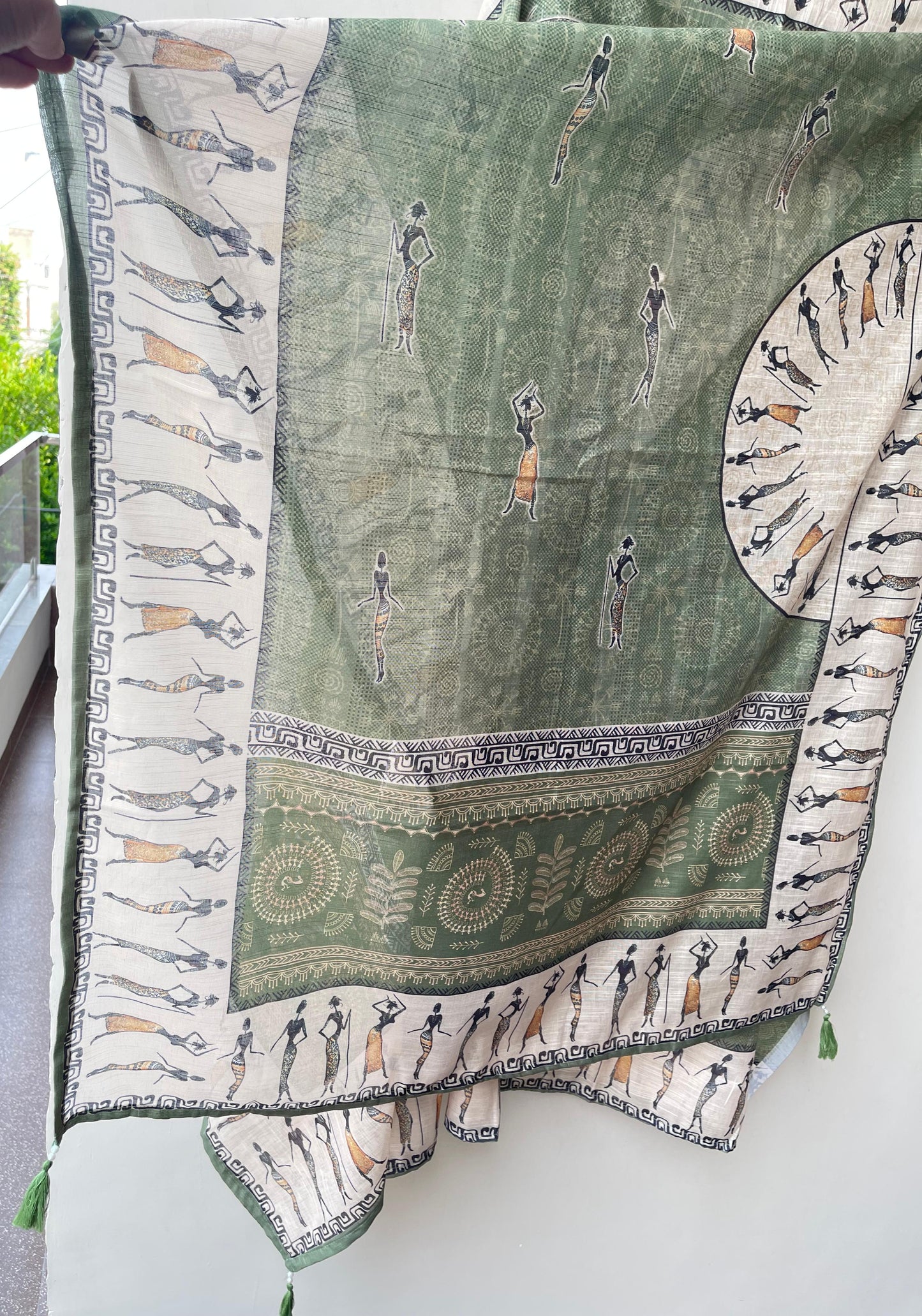 Worli art printed cotton linen unstitched ladies suit