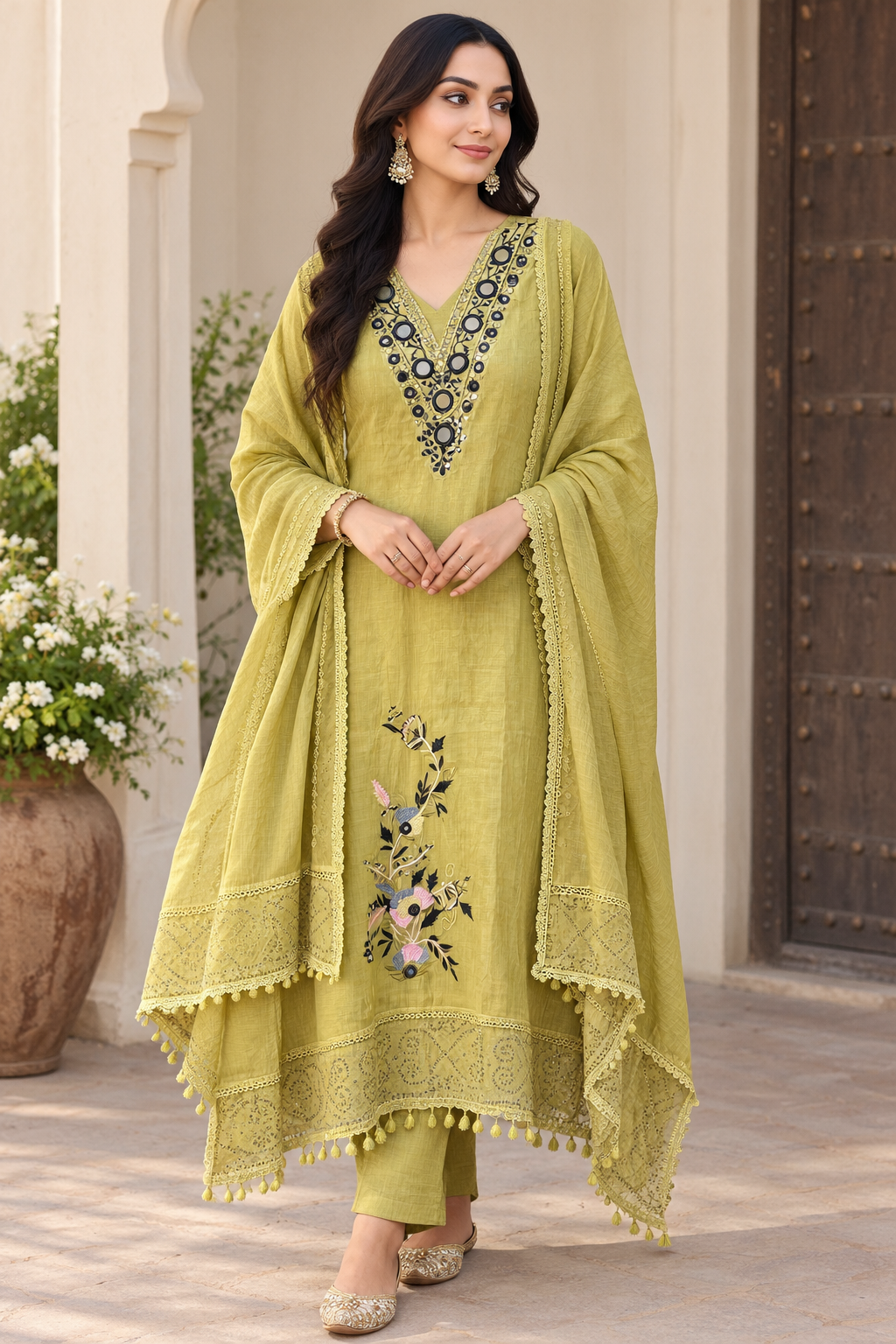 Premium Mul Chanderi Designer Unstitched 3 Pcs Suit Set