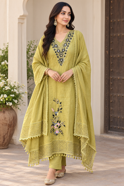 Premium Mul Chanderi Designer Unstitched 3 Pcs Suit Set