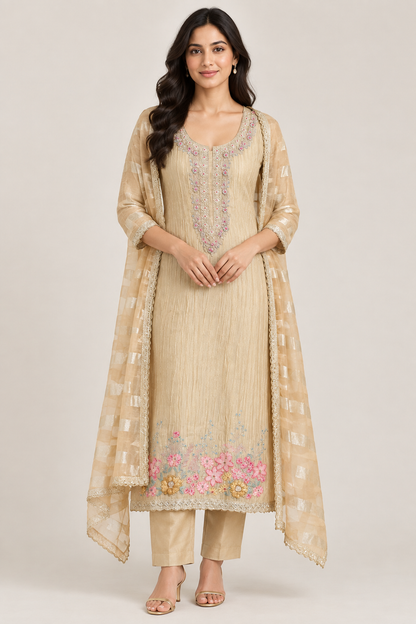Elegant Crushed Shimmer Tissue Unstitched Ladies 3pcs Designer Suit Set