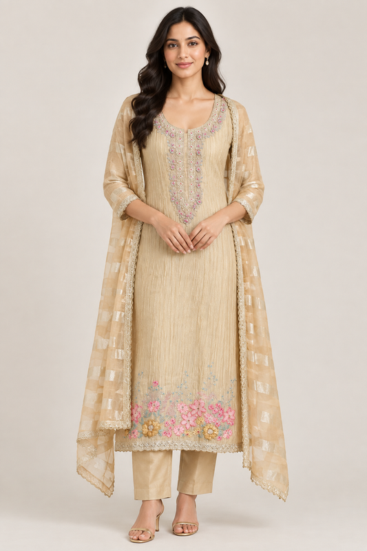 Elegant Crushed Shimmer Tissue Unstitched Ladies 3pcs Designer Suit Set