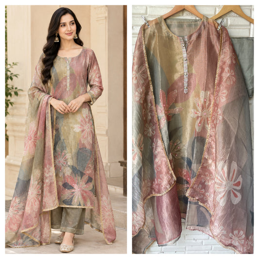 Elegant Premium Shimmer Crushed Tissue Printed Unstitched Suit Set