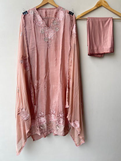 Designer Crepe Satin Resham Embroidered Unstitched Suit Set