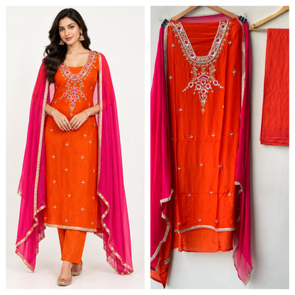 Premium Glass organza Unstitched 3 pcs Suit Set