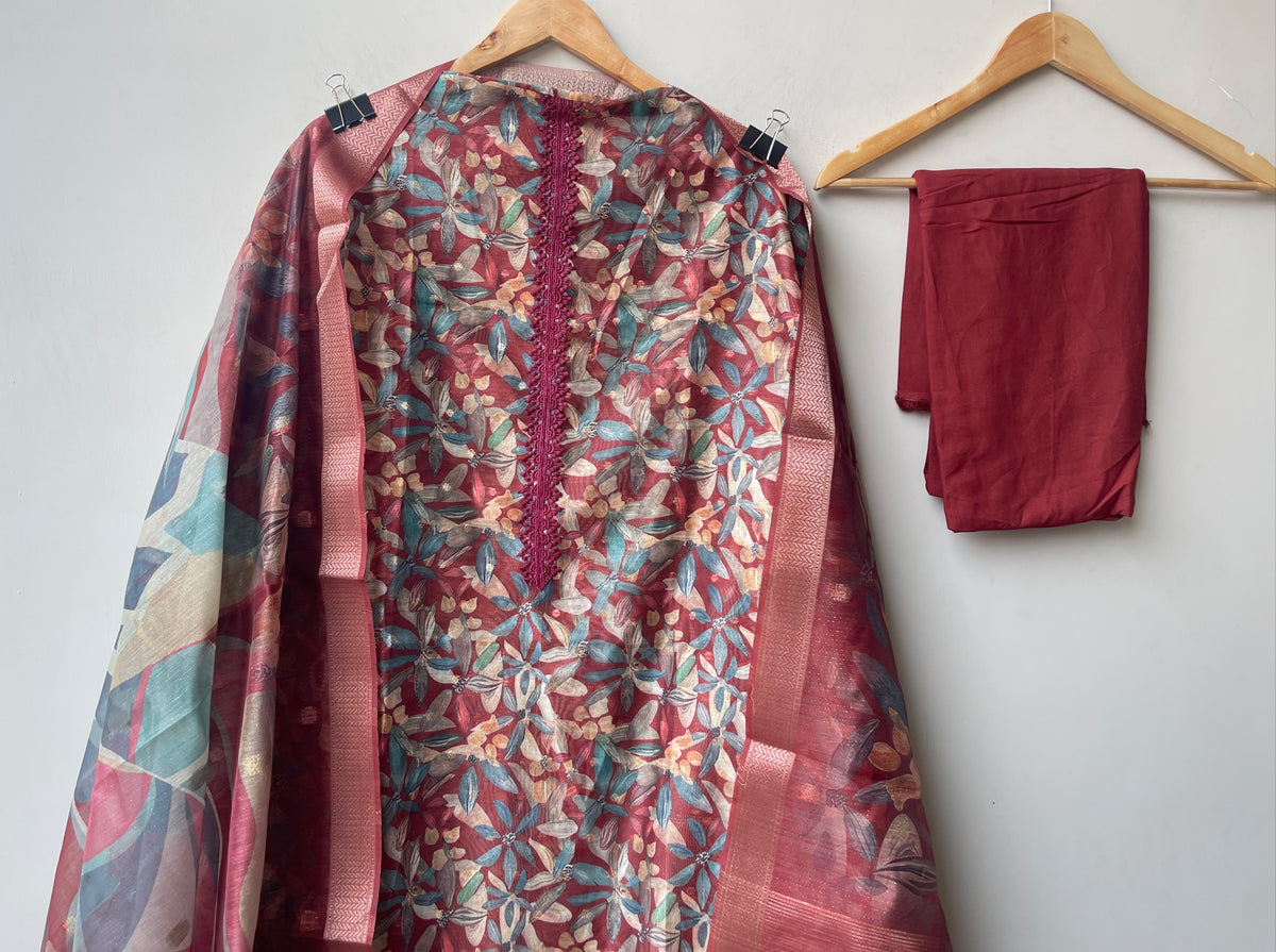 Premium Mul Chanderi 3 pcs Unstitched Printed Suit Set