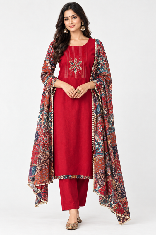 Exquisite Glaze Cotton Printed Fabric Unstitched Suit Set