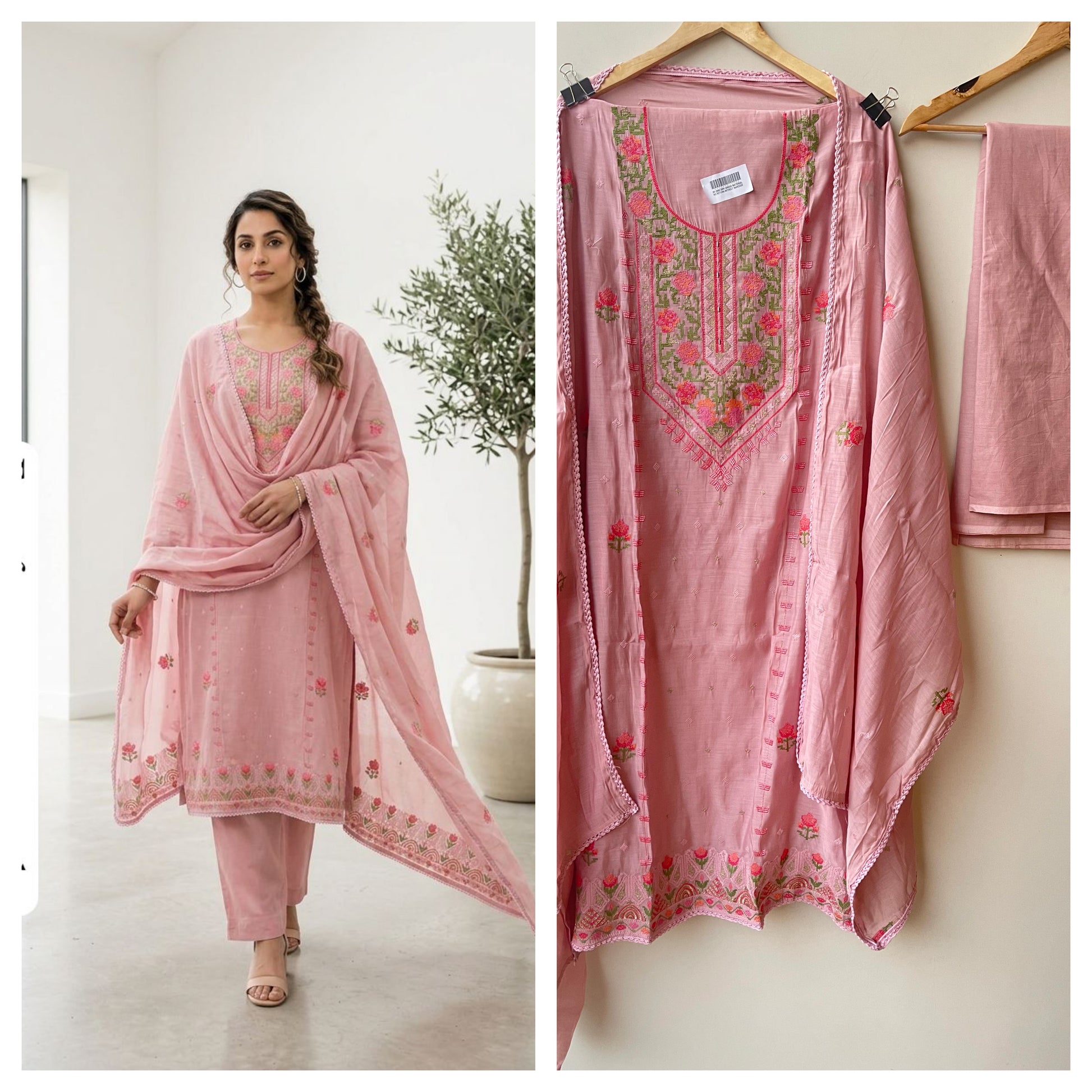 Mul chanderi unstitched salwar suit with resham embroidery and crochet lace – RoyalChicByPriti