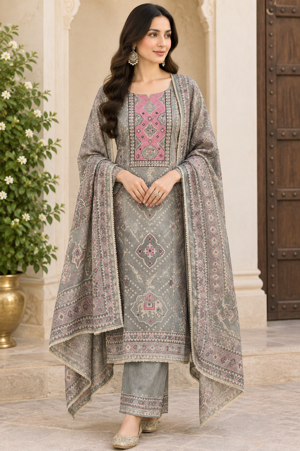 Shimmer Linen Printed Unstitched 3 Piece Designer Suit Set