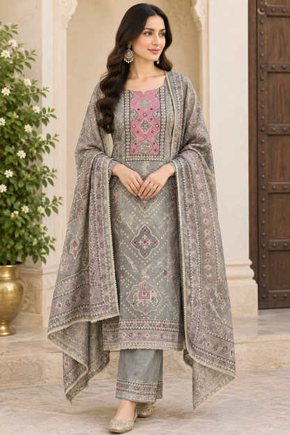 Shimmer Linen Printed Unstitched 3 Piece Designer Suit Set