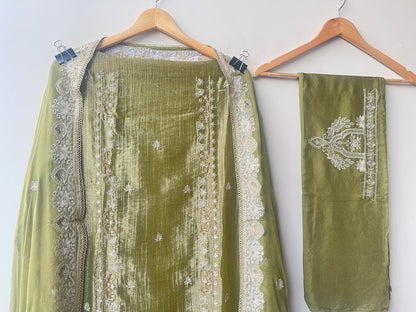 Elegant Shimmer Tissue Embroidered Designer 3 Pcs Unstitched Suit Set