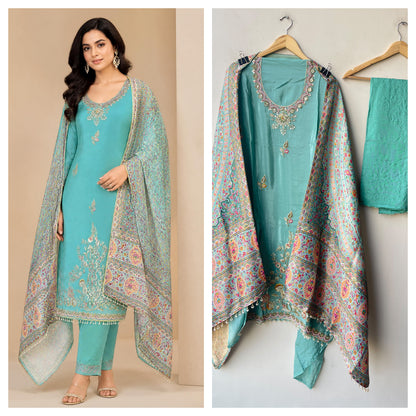 Premium Embroidered Crepe Satin Unstitched Designer 3 Pcs Suit Set