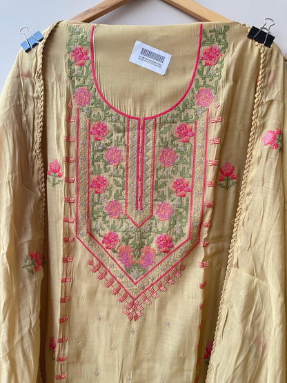 Mul chanderi unstitched salwar suit with resham embroidery and crochet lace – RoyalChicByPriti