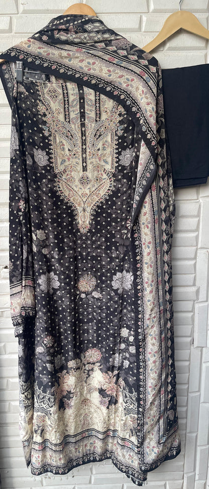 Crape satin unstitched ladies suit Rc17705