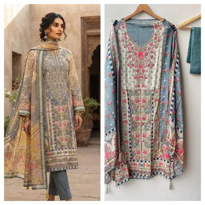 Pure crepe satin unstitched printed ladies suit Rc19215