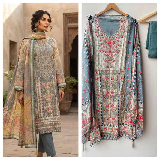 Pure crepe satin unstitched printed ladies suit Rc19215