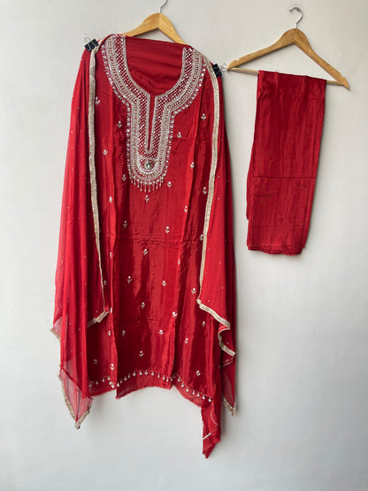 Crepe Satin 3 pcs Unstitched Designer Suit Set