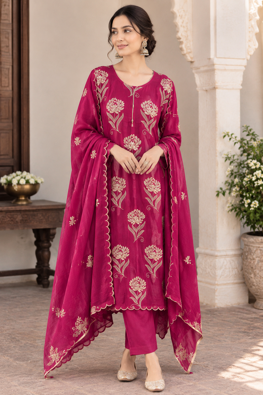 Mul Chanderi Resham Embroidered Unstitched Suit Set