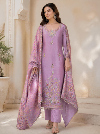 Premium Embroidered Crepe Satin Unstitched 3 Pcs Designer Suit Set