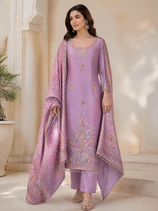 Premium Embroidered Crepe Satin Unstitched 3 Pcs Designer Suit Set