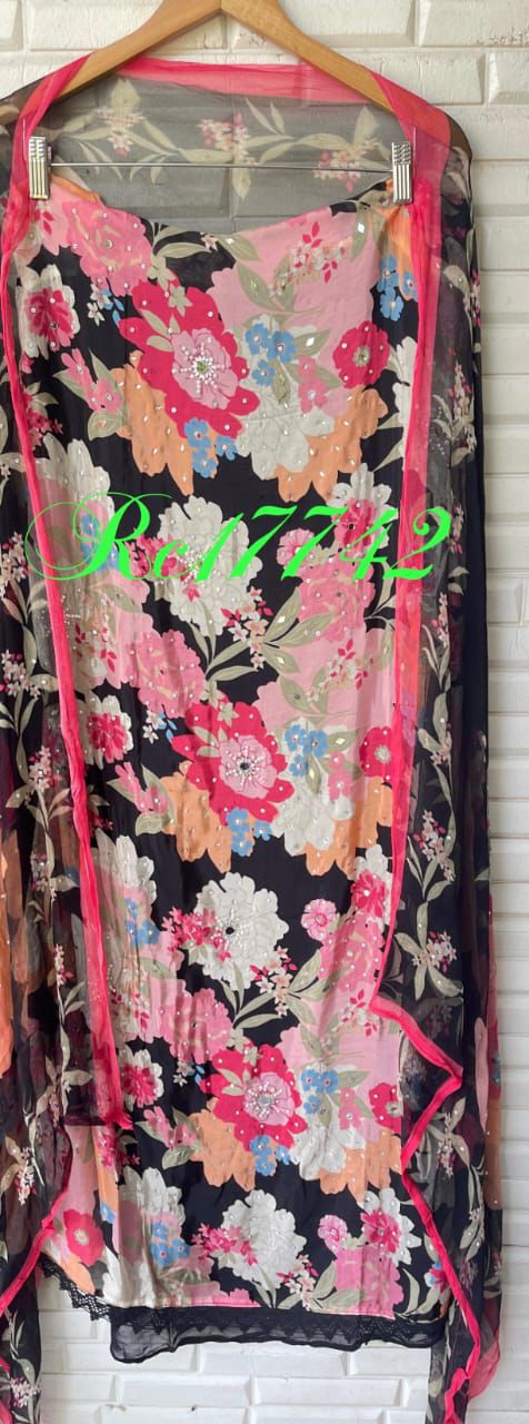 Crape satin unstitched ladies suit Rc17742