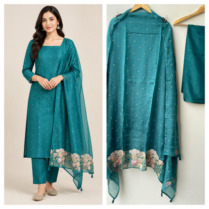 Premium Mul Chanderi Designer 3 Pcs Unstitched Suit Set