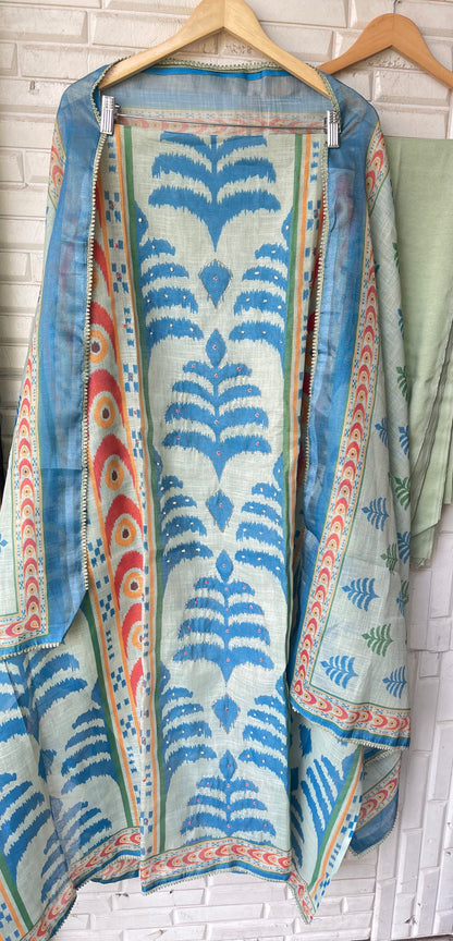 Shimmer Linen Printed Unstitched Designer Suit Set