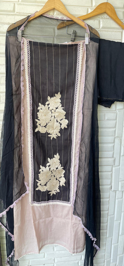 Mul chanderi printed unstitched salwar suit with resham and crochet work – RoyalChicByPriti