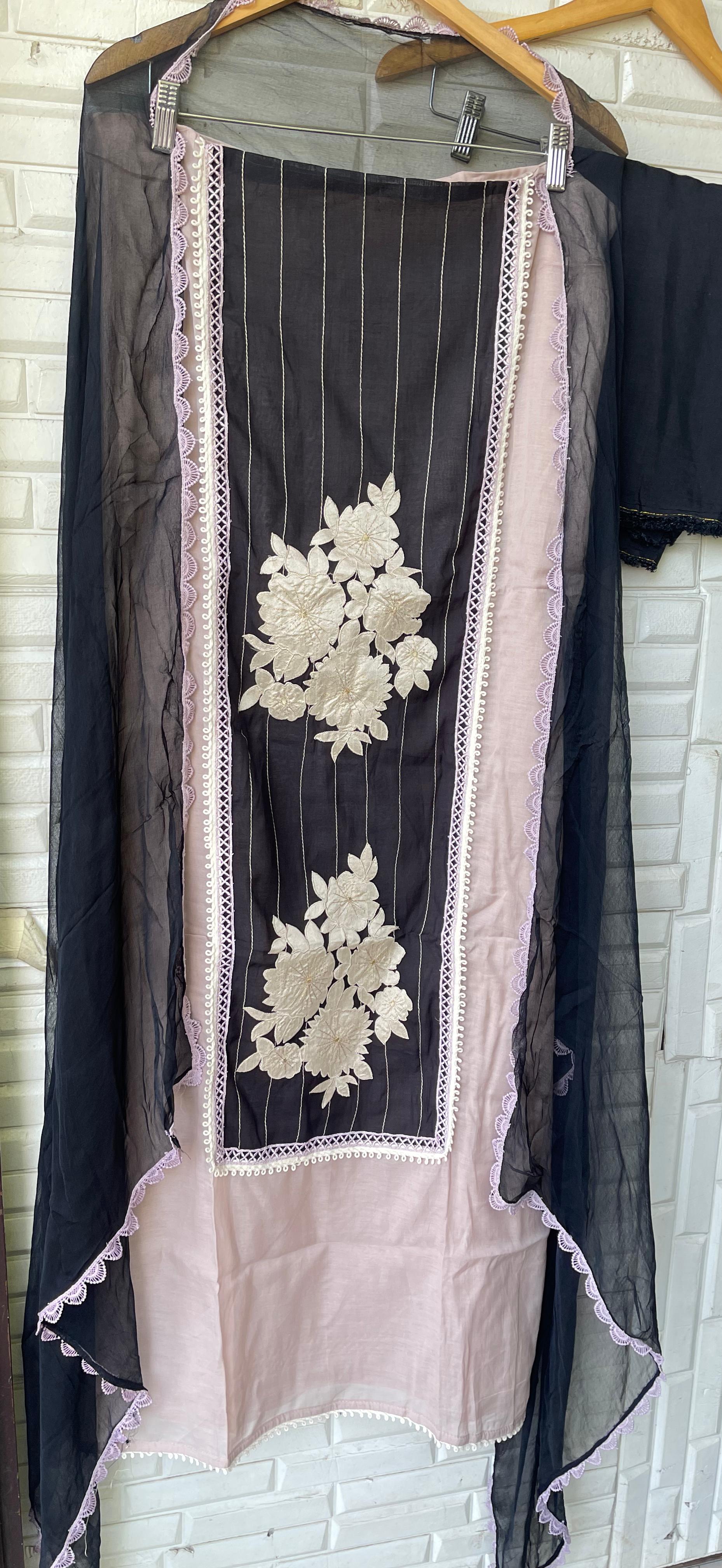 Mul chanderi printed unstitched salwar suit with resham and crochet work – RoyalChicByPriti