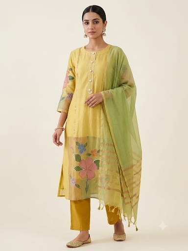 Mul chanderi brush painted unstitched ladies suit