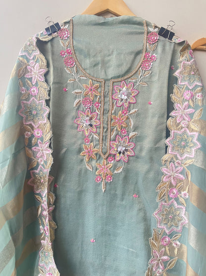 Designer Shimmer Organza Embroidered Unstitched 3pcs Suit Set