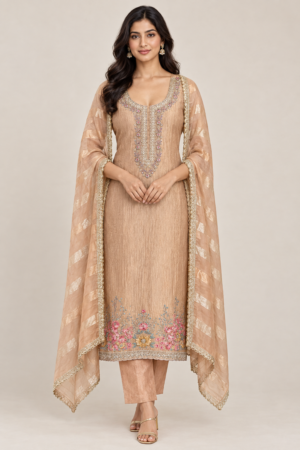 Elegant Crushed Shimmer Tissue Unstitched Ladies 3pcs Designer Suit Set