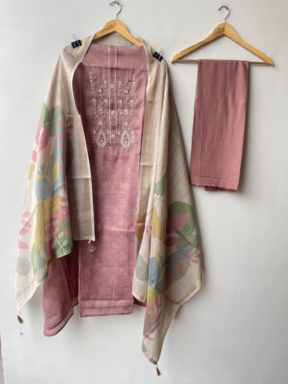 Designer Shimmer Linen Embroidered 3 Pcs Unstitched Suit Set