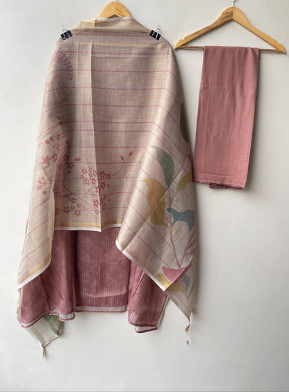 Designer Shimmer Linen Embroidered 3 Pcs Unstitched Suit Set