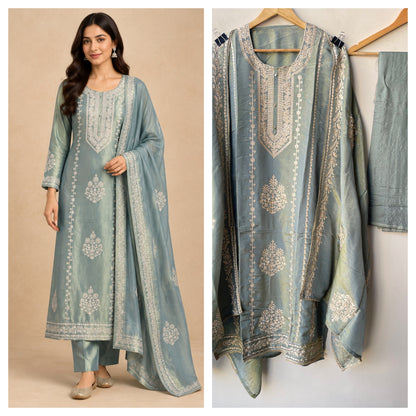 Designer Shimmer Silk 3pcs Unstitched Suit Set