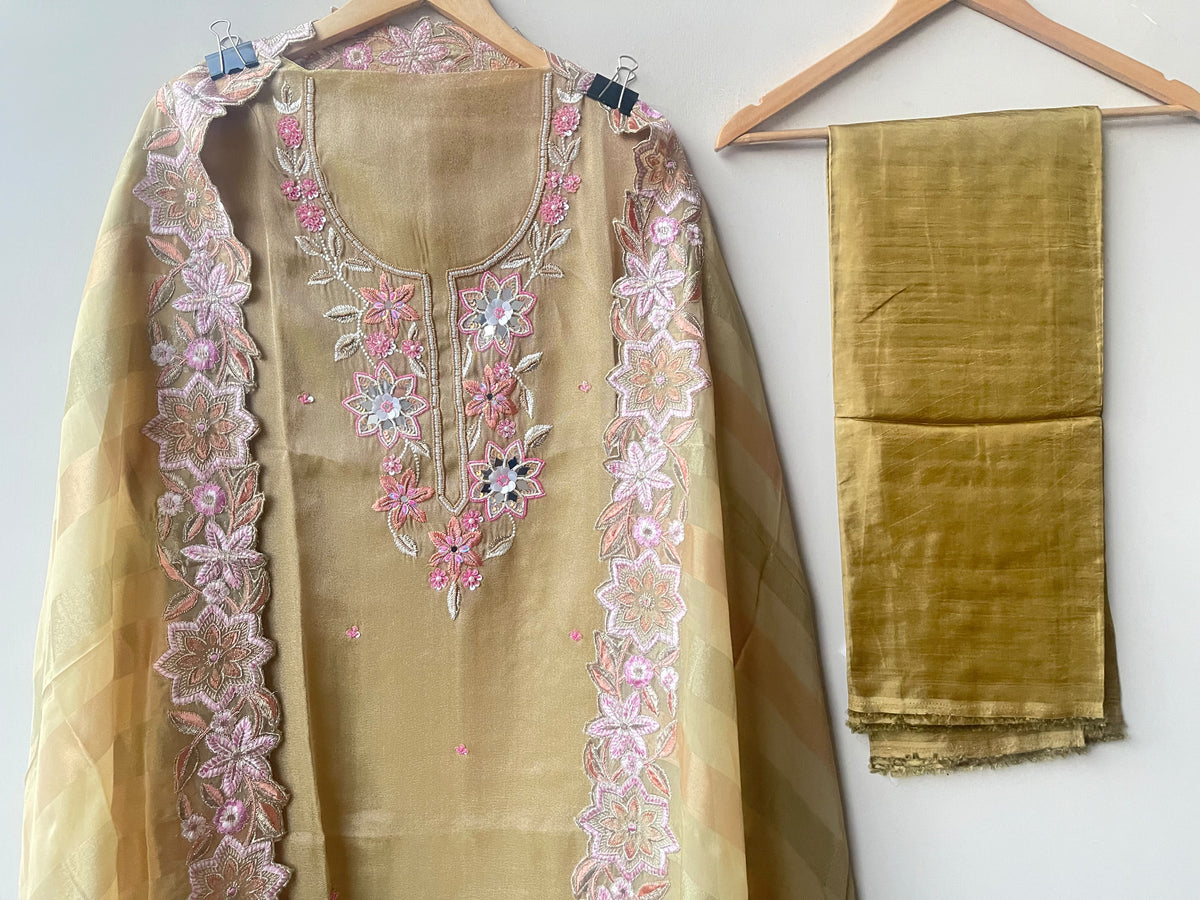 Designer Shimmer Organza Embroidered Unstitched 3pcs Suit Set