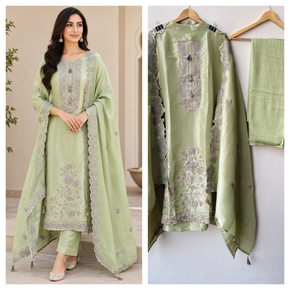 Premium Shimmer Silk Unstitched 3 Pcs Designer Suit Set