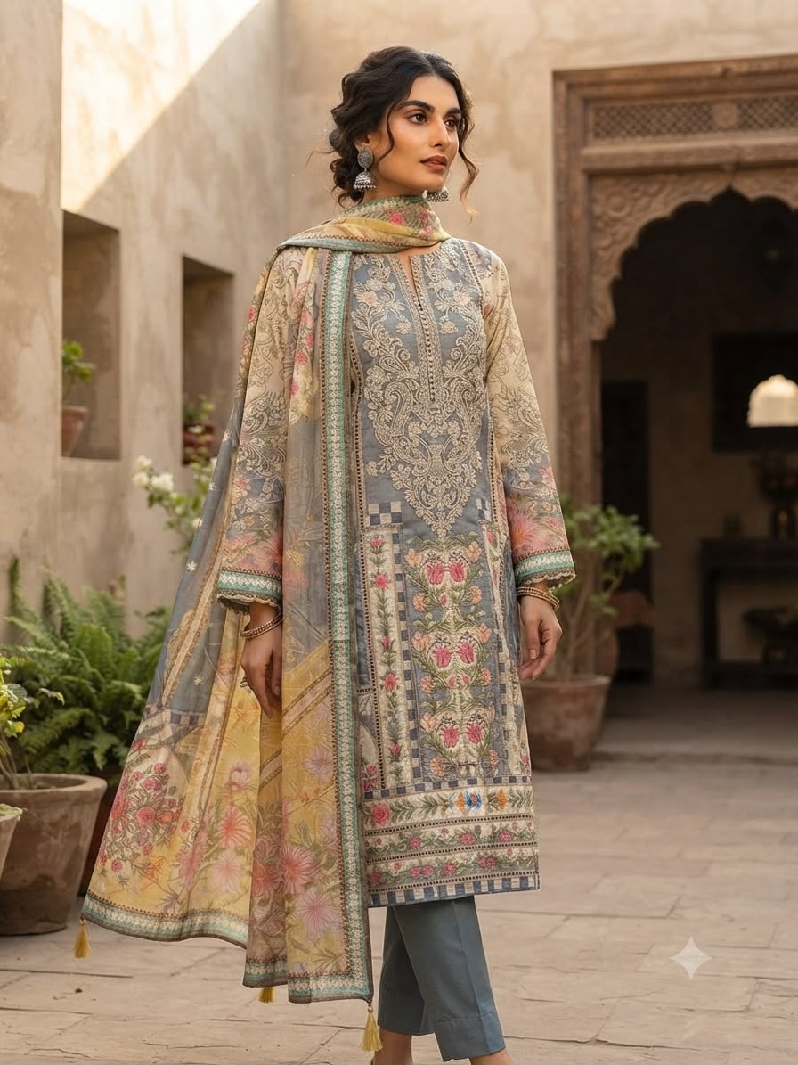 Pure crepe satin unstitched printed ladies suit Rc19215