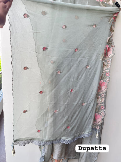 Satin crepe unstitched ladies suit Rc19318