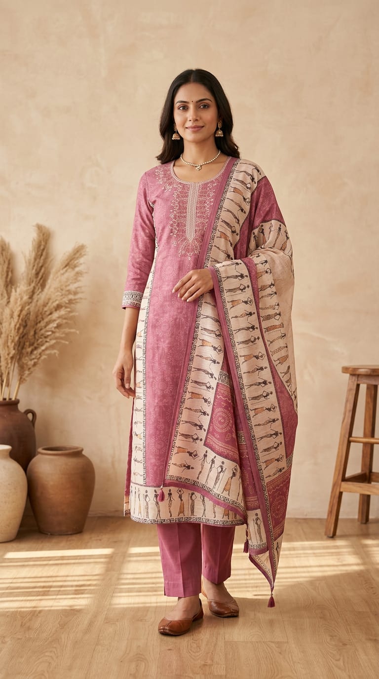 Worli art printed cotton linen unstitched ladies suit