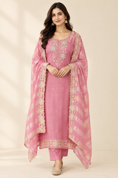 Designer Shimmer Organza Embroidered Unstitched 3pcs Suit Set