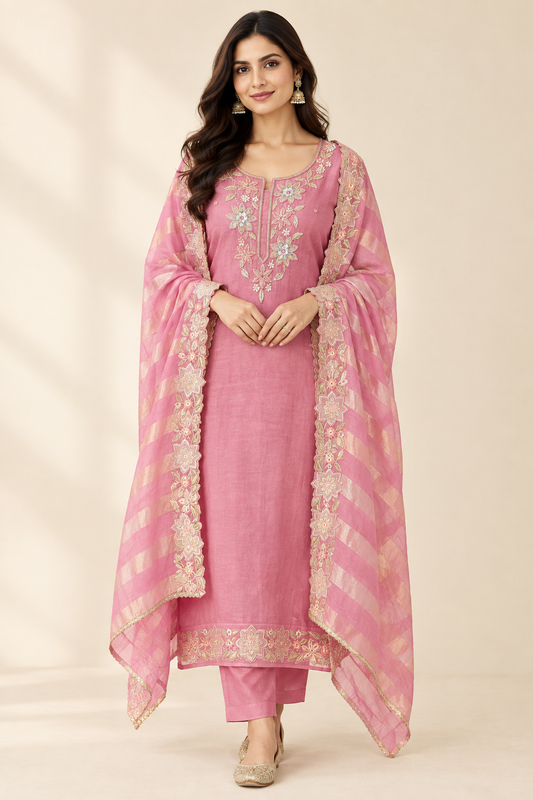 Designer Shimmer Organza Embroidered Unstitched 3pcs Suit Set