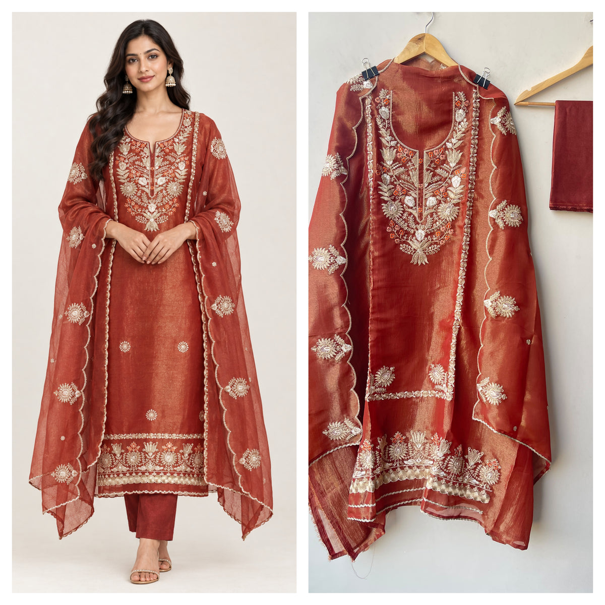 Elegant Shimmer Tissue Organza Unstitched 3 Pcs Designer Suit Set