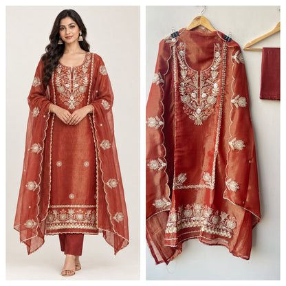 Elegant Shimmer Tissue Organza Unstitched 3 Pcs Designer Suit Set