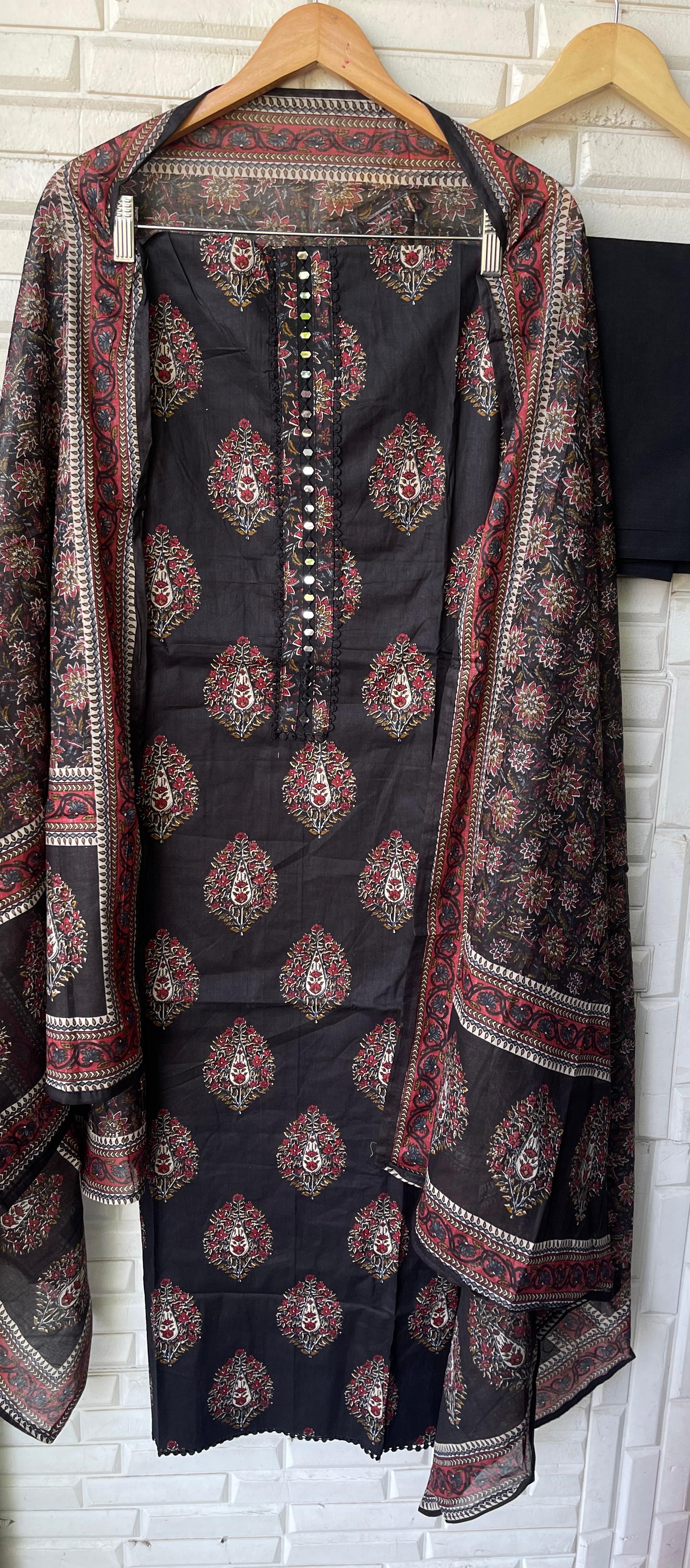 Mul cotton printed unstitched salwar suit with mirror-work embroidery – RoyalChicByPriti