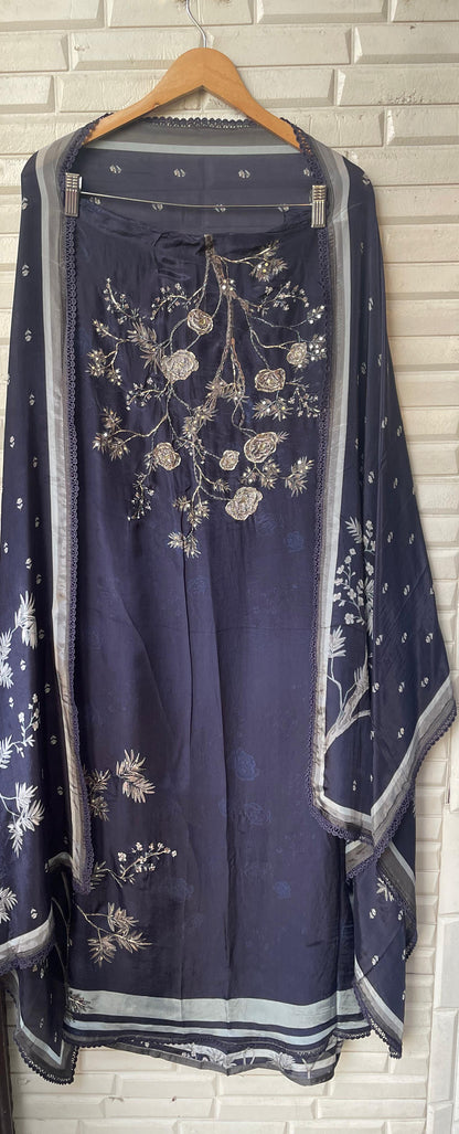 Self satin silk unstitched ladies suit Rc17837