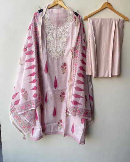 Premium Mul Chanderi Designer Unstitched 3Pcs Suit Set