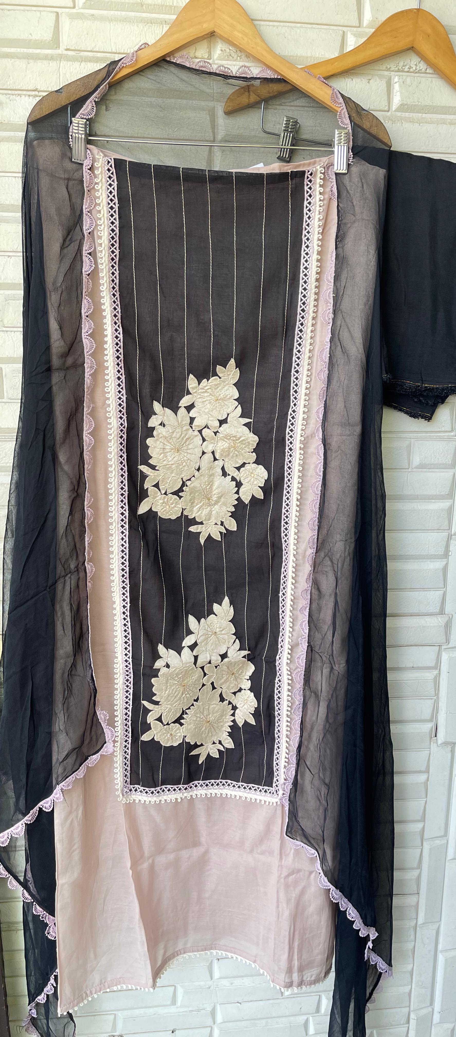 Mul chanderi printed unstitched salwar suit with resham and crochet work – RoyalChicByPriti
