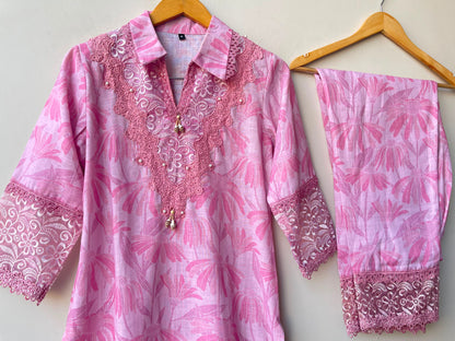 Linen printed stitched ladies coord set Rc19090