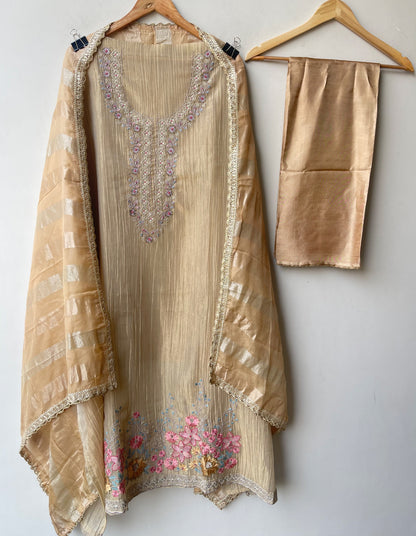 Elegant Crushed Shimmer Tissue Unstitched Ladies 3pcs Designer Suit Set
